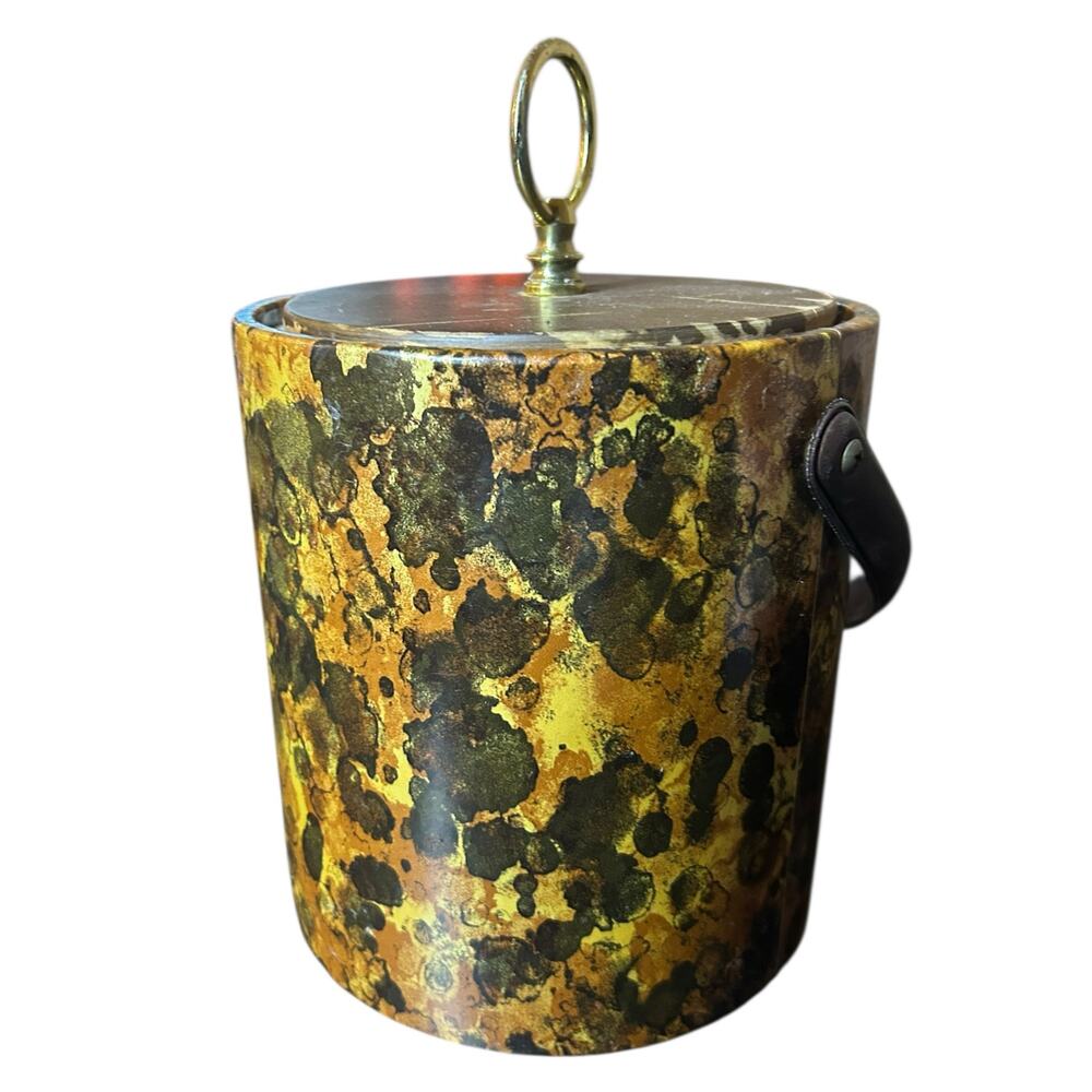 Vintage 70s Morgan Designs Tortoise Shell Ice Bucket w/ Wood Lid Retro Barware